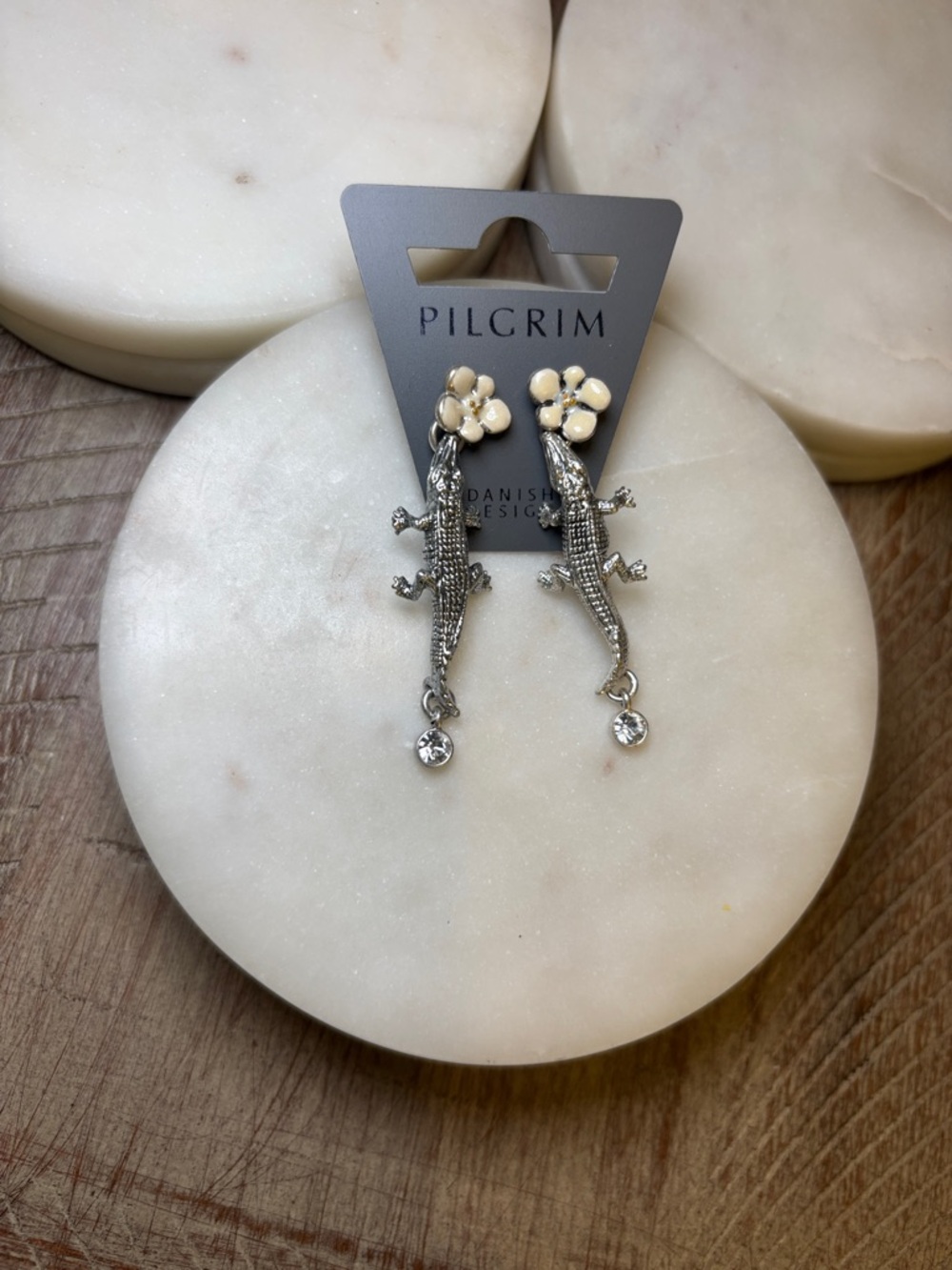 243 Pilgrim Silver Lizard Drop Earrings with Cream Flower Studs & Crystal Drops